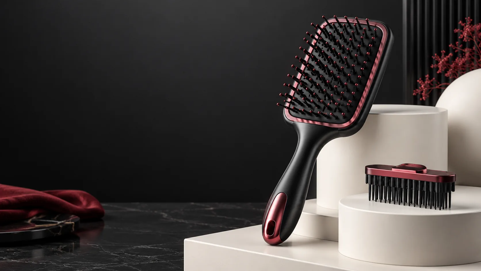 self-cleaning hairbrushes arranged in a professional professional beauty studio
