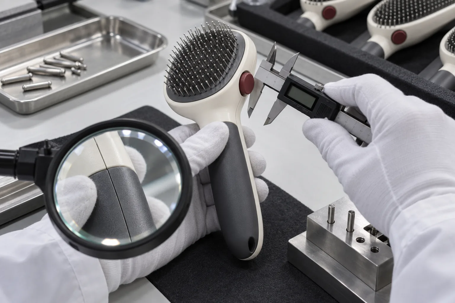 Technician inspecting self-cleaning hairbrushes at a quality desk
